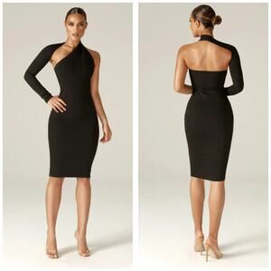 Alieva Dasha Modern Midi Dress Black Size Small One Shoulder Asymmetric Cocktail